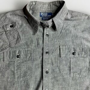 Polo Ralph Lauren Donington Shirt Men's Large Gray Denim Chambray Flap Pockets